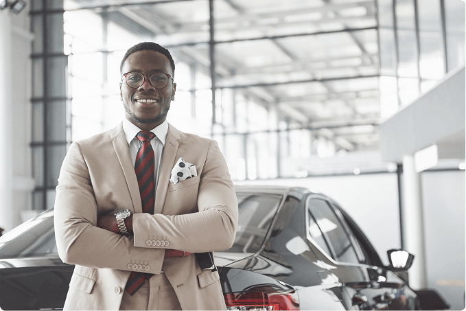 Professional team member in car showroom